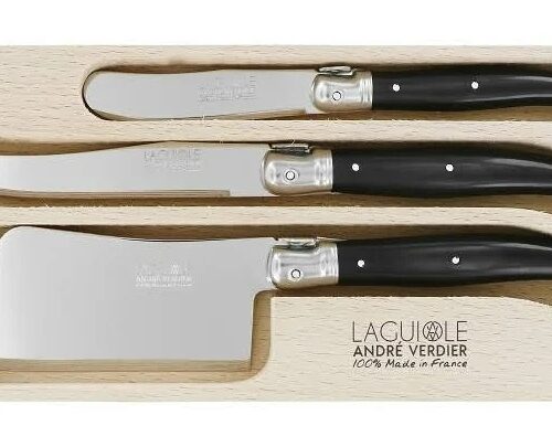 LAGUIOLE CHEESE KNIFE SET 3piece BLACK (ANDRE VERDIER) contains BUTTER SPREADER, LARGE CHEESE KNIFE, CHEESE CLEAVER