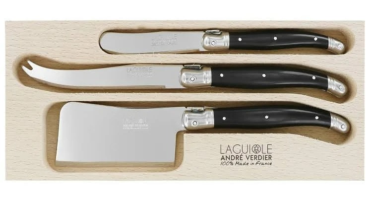 LAGUIOLE CHEESE KNIFE SET 3piece BLACK (ANDRE VERDIER) contains BUTTER SPREADER, LARGE CHEESE KNIFE, CHEESE CLEAVER