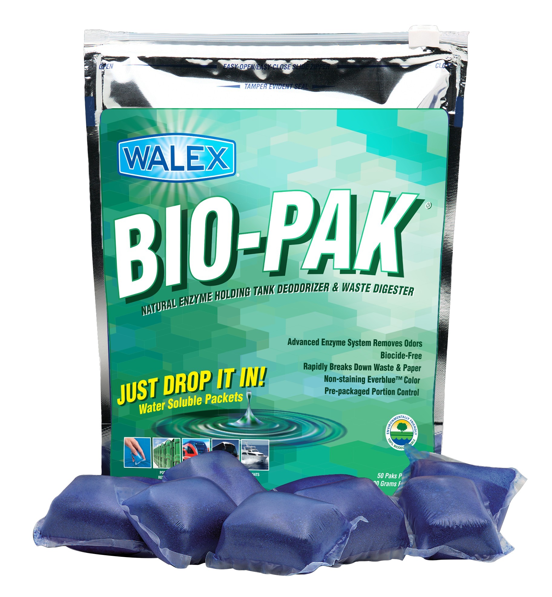 WALEX BIO-PAK COMMERCIAL TOILET WASTE TREATMENT CHEMICAL BAG/50 SACHETS (GREEN)