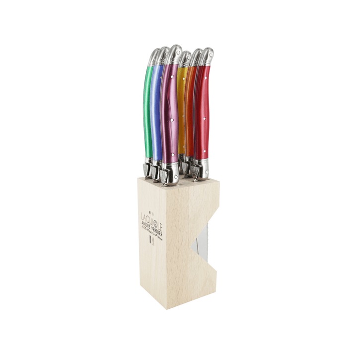 LAGUIOLE STEAK KNIFE SET 6piece IN BLOCK FLORAL COLOURS (ANDRE VERDIER)