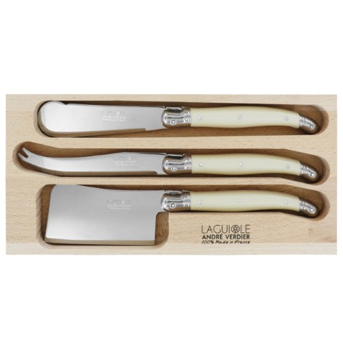 LAGUIOLE CHEESE KNIFE SET 3piece IVORY (ANDRE VERDIER) contains: SANDWICH KNIFE, LARGE CHEESE KNIFE, CHEESE CLEAVER