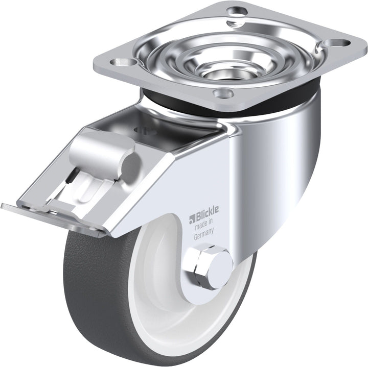 CASTOR 100mm CLEAR URETHANE SW/PLATE/M BRAKE 300kg