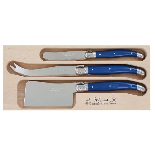 LAGUIOLE CHEESE KNIFE SET 3piece NAVY BLUE (ANDRE VERDIER) contains: BUTTER SPREADER, LARGE CHEESE KNIFE, CHEESE CLEAVER
