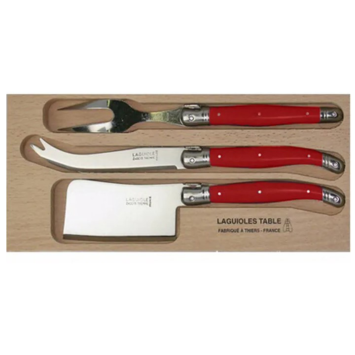 LAGUIOLE CHEESE SET 3piece CHERRY RED (ANDRE VERDIER) contains LARGE CHEESE FORK, LARGE CHEESE KNIFE, CHEESE CLEAVER