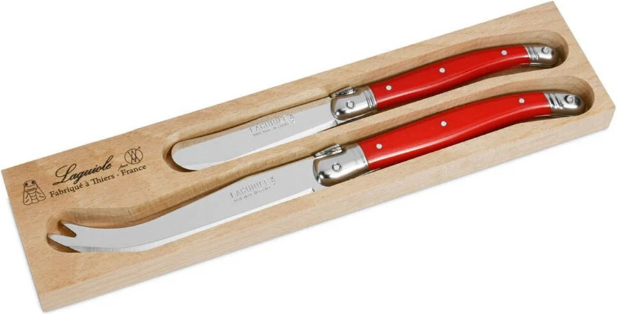 LAGUIOLE CHEESE SET 2piece CHERRY RED (ANDRE VERDIER) contains BUTTER SPREADER, LARGE CHEESE KNIFE