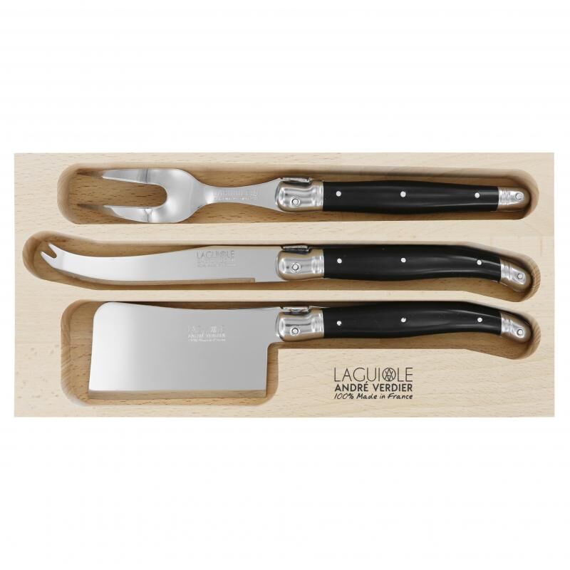 LAGUIOLE CHEESE SET 3piece BLACK (ANDRE VERDIER) contains LARGE CHEESE FORK, LARGE CHEESE KNIFE, CHEESE CLEAVER
