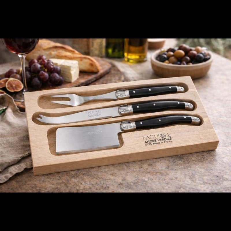 LAGUIOLE CHEESE SET 3piece BLACK (ANDRE VERDIER) contains LARGE CHEESE FORK, LARGE CHEESE KNIFE, CHEESE CLEAVER - Image 2