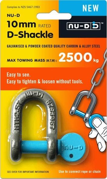 NU-D DEE SHACKLE 10mm GALV 2500kg TESTED EASY TIGHTEN/LOOSEN CAPTIVE PIN