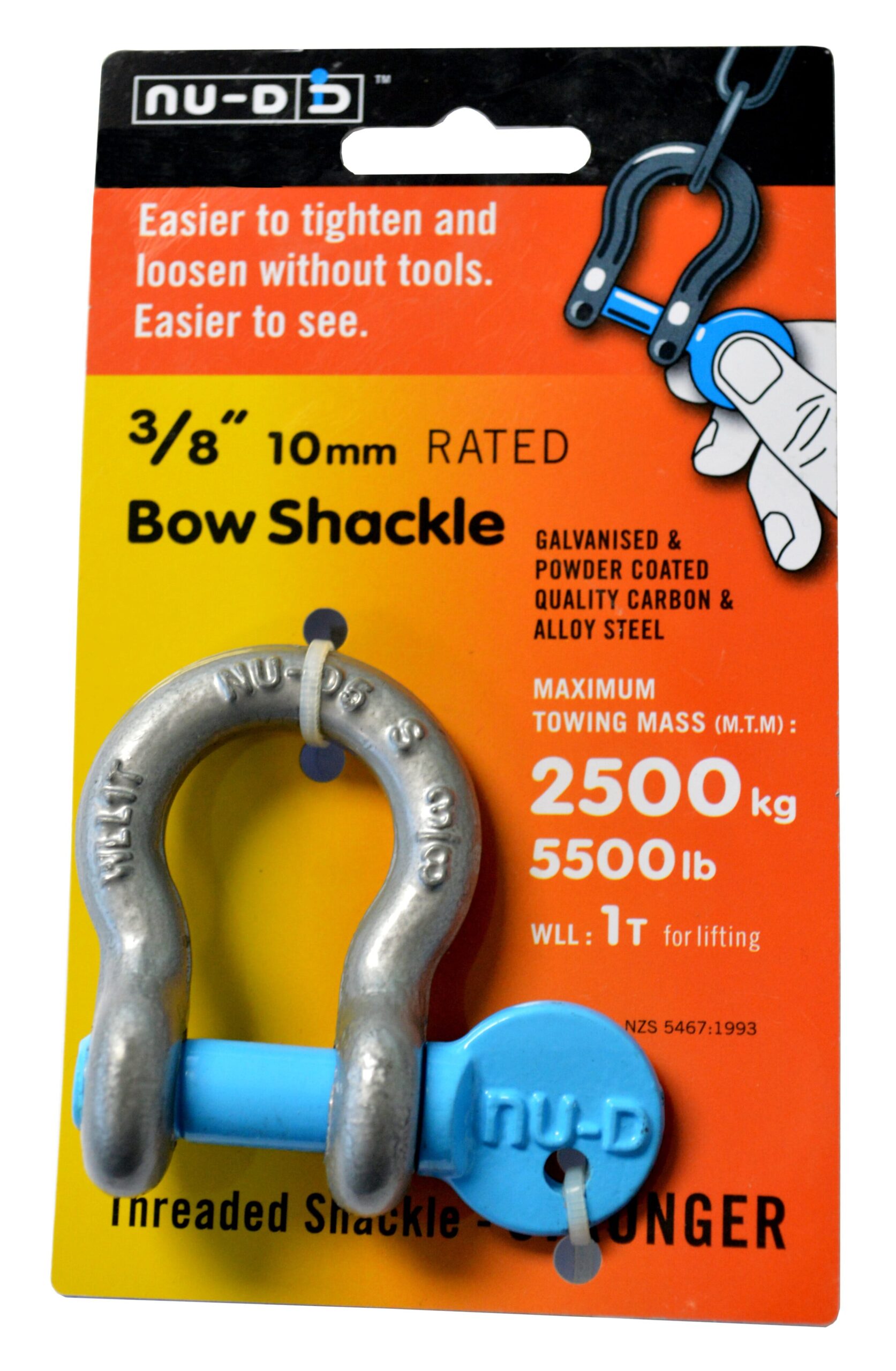 NU-D DEE SHACKLE 10mm GALV 2500kg TESTED EASY TIGHTEN/LOOSEN CAPTIVE PIN