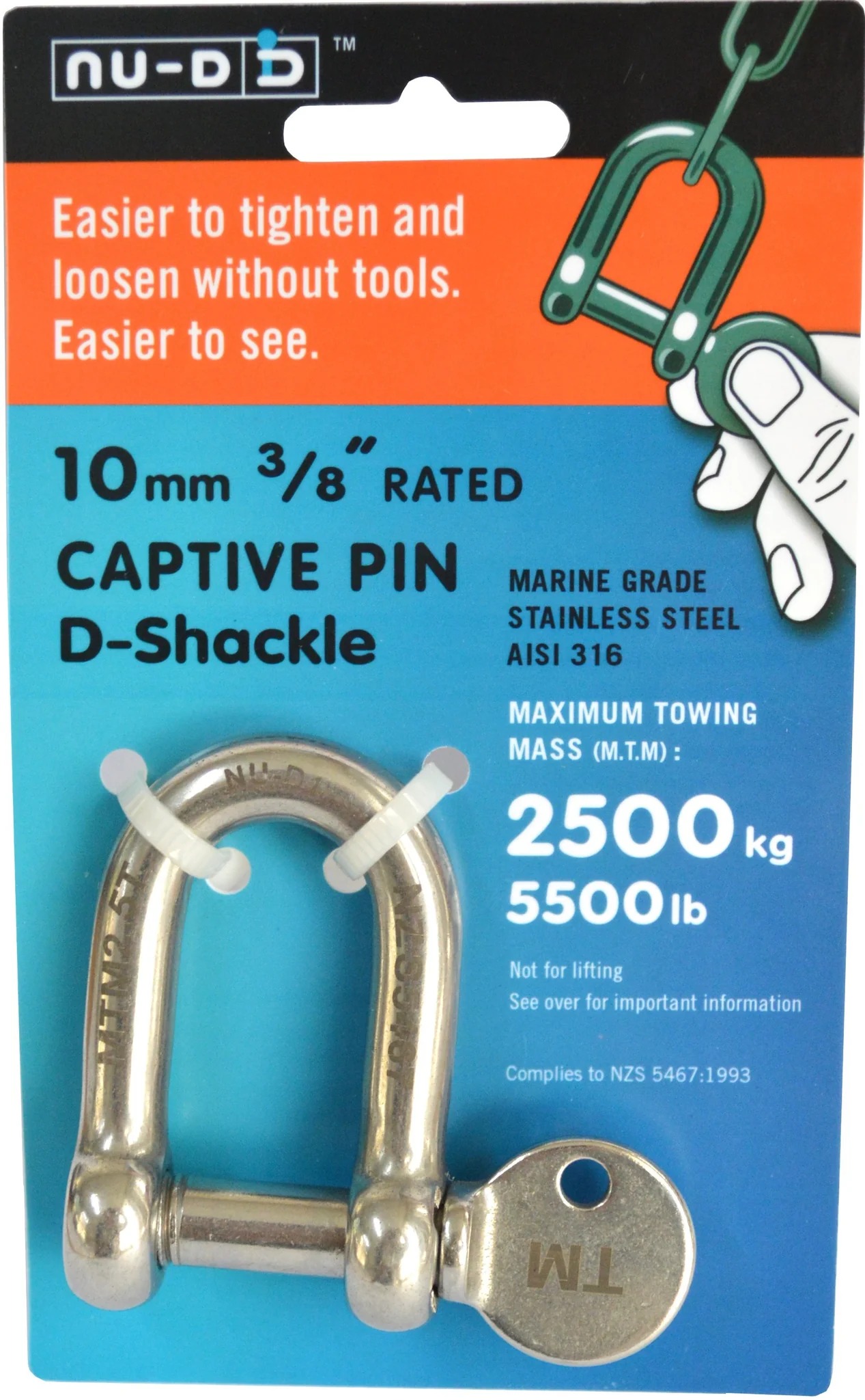 NU-D DEE SHACKLE 10mm STAINLESS2500kg TESTED EASY TIGHTEN/LOOSEN CAPTIVE PIN