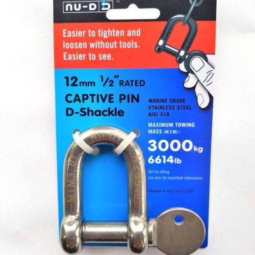 NU-D DEE SHACKLE 12mm STAINLESS 3000kg TESTED EASY TIGHTEN/LOOSEN CAPTIVE PIN