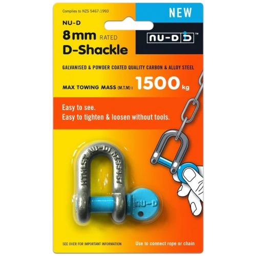 NU-D DEE SHACKLE 8mm GALV 1500kg TESTED EASY TIGHTEN/LOOSEN CAPTIVE PIN