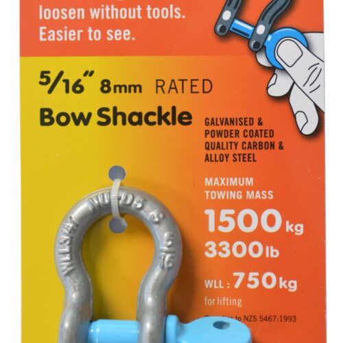 NU-D BOW SHACKLE 8mm GALV 1500kg TESTED EASY TIGHTEN/LOOSEN CAPTIVE PIN