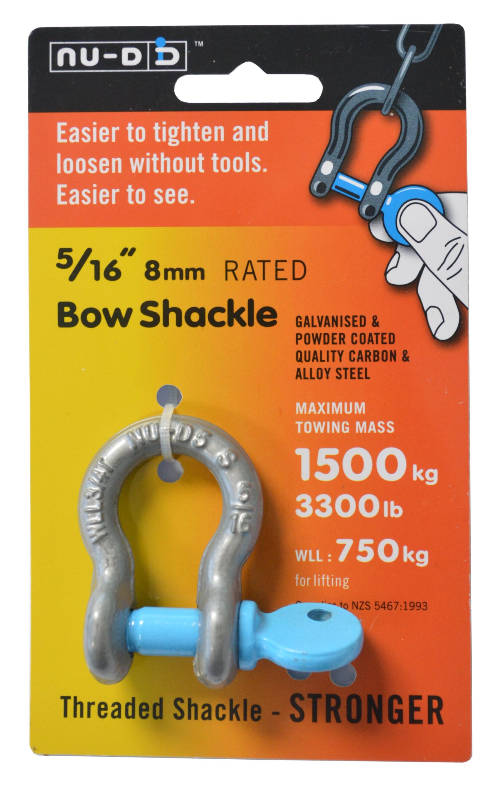 NU-D BOW SHACKLE 8mm GALV 1500kg TESTED EASY TIGHTEN/LOOSEN CAPTIVE PIN