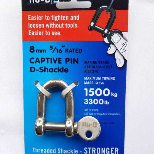 NU-D BOW SHACKLE 8mm STAINLESS 1500kg TESTED EASY TIGHTEN/LOOSEN CAPTIVE PIN