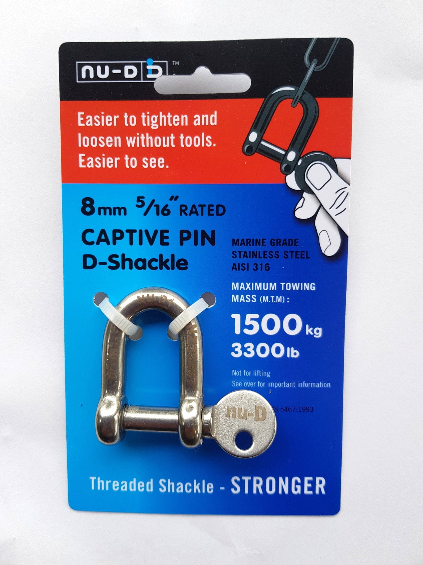 NU-D BOW SHACKLE 8mm STAINLESS 1500kg TESTED EASY TIGHTEN/LOOSEN CAPTIVE PIN